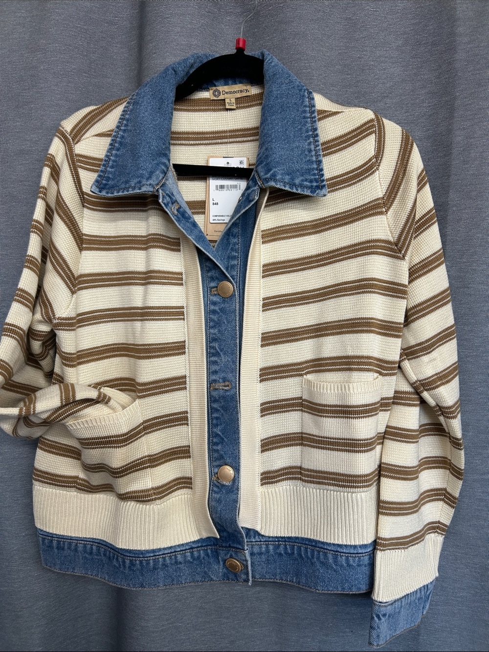 Democracy Cream and Brown Striped Jacket with Blue Denim Trim
